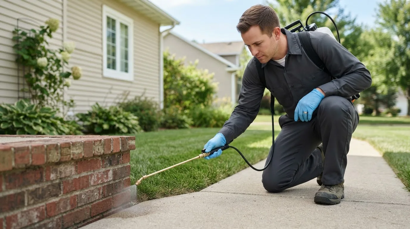Pest control technician treating a home near Hillister, TX